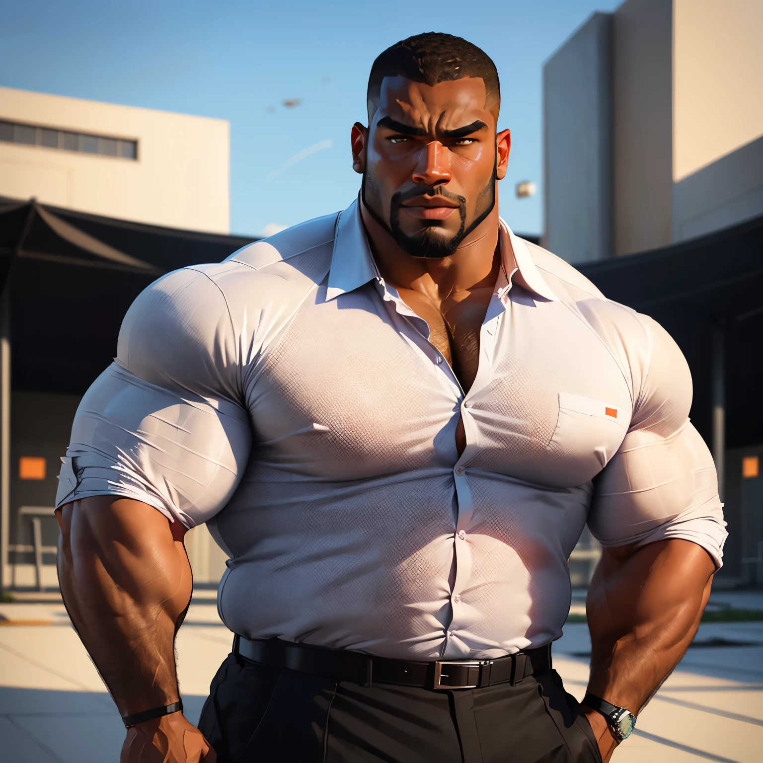 an exaggeratedly muscular and large bodyguard, beefy build, beard, dark-skinned african american male, buzzcut hair with square line, (worried expression: 1.2), (wearing business shirt: 1.2), wearing black underwear, (bara pecs: 1.3), beefy pecs, (arm and chest hair: 1.2), portrait HD, (outdoor track field)