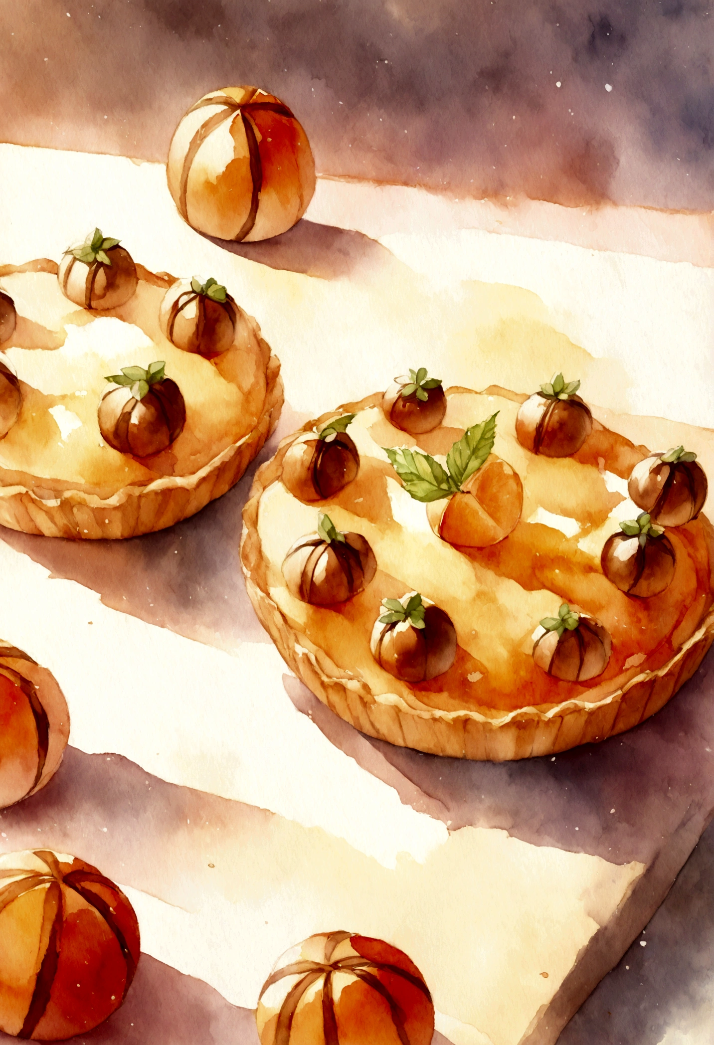 A beautiful watercolor illustration of a nutmeg tart.