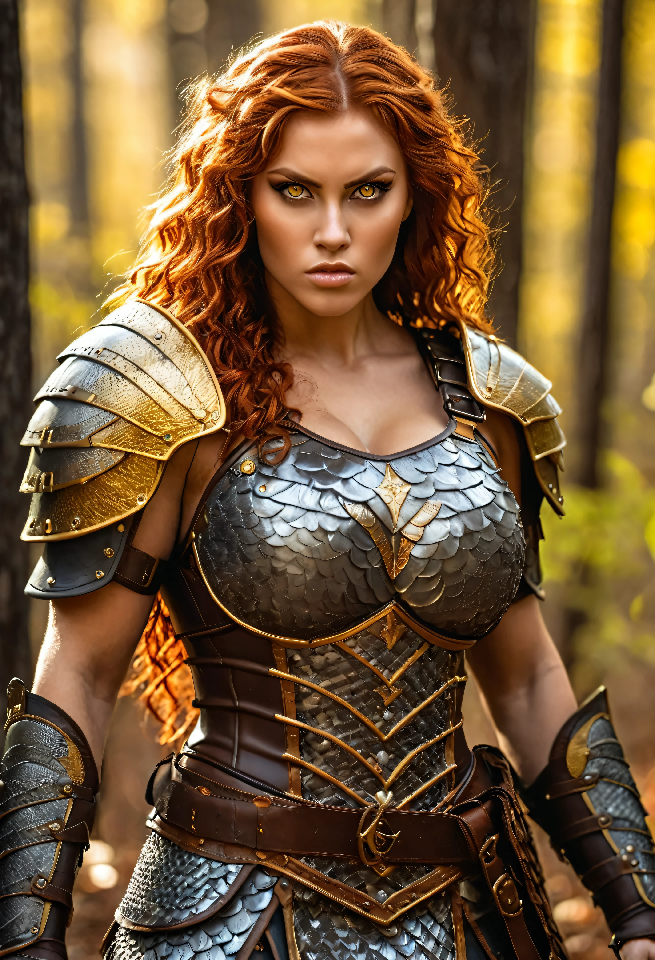 Extremely gorgeous, stunning beauty, Big muscular realistic full body savage warrior woman. sweet face. Wavy red hair, extremely detailed big yellow eyes, hawk eyes, golden eyes, round eyes, huge breasts, and muscular body. Woods background. brown chainmail upper armor.