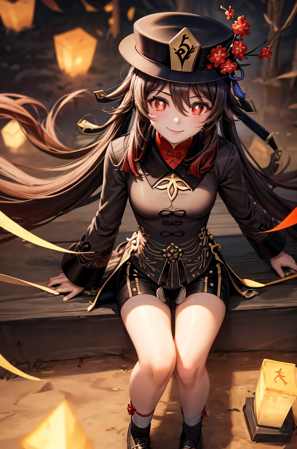 ((hutaodef)):1.5,((masterpiece,highest quality,Highly detailed images,Beautiful images、Realistic、Photorealistic、2.5D))((hutao images,A graveyard in a dark forest、Many gravestones、Fun pose、Bright natural light throughout、Backlight、A fantastic atmosphere、Dust flutters)),(Close-up image of hutao)、((small breasts))(smile)Deformed human soul
