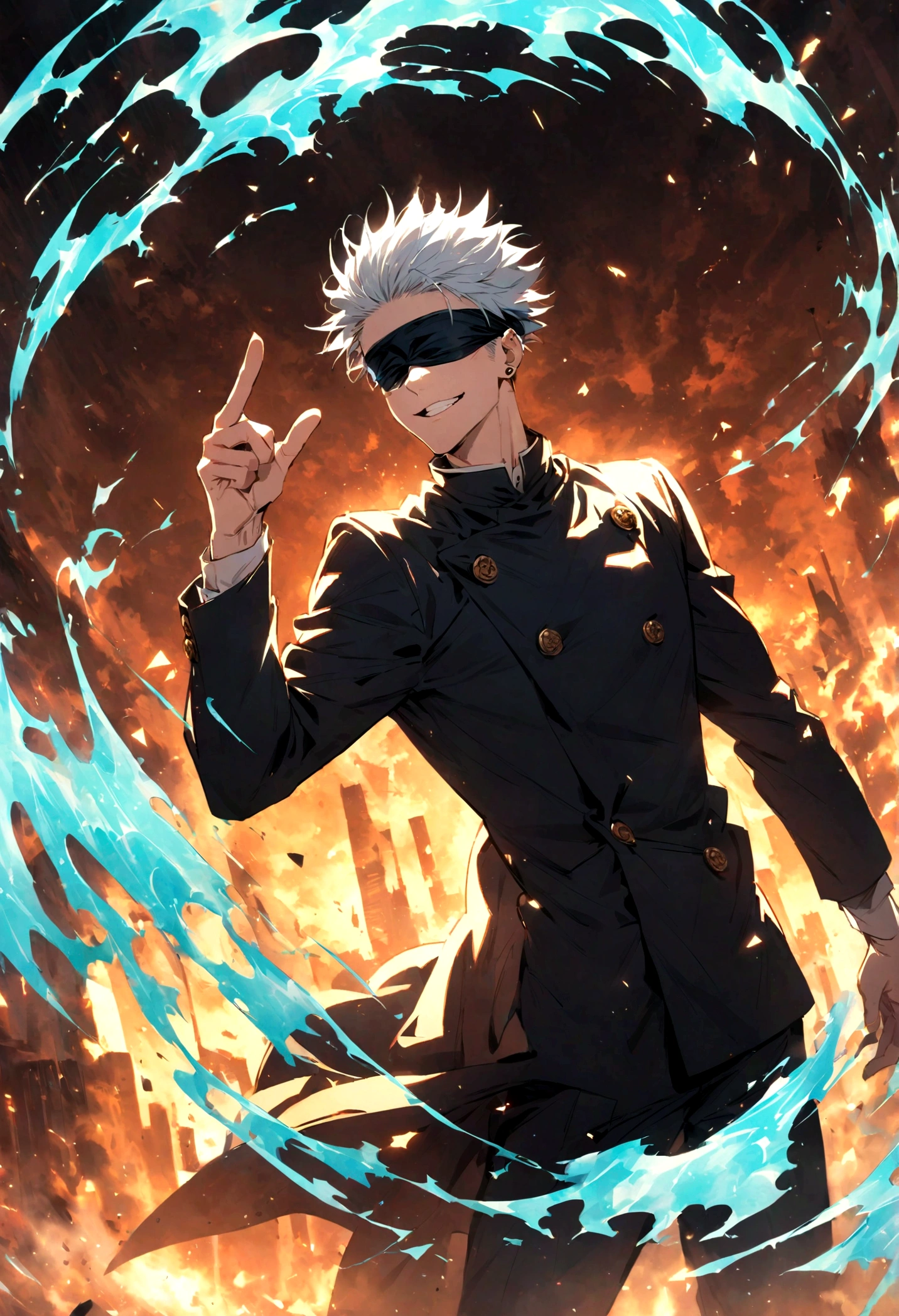 1 male,Satoru Gojo,Jujutsu Kaisen,,Create an image of Satoru Gojo from the manga 'Jujutsu Kaisen' by Gege Akutami. Gojo is a tall, slender man with white hair, usually wearing a black blindfold or sunglasses. He exudes confidence and charisma, often seen with a relaxed smile or a challenging expression. Capture him in a dynamic pose, possibly with one hand raised and a single finger pointed. The background should depict a modern urban landscape or a battle scene with swirling energy effects. Include special effects like a blue aura or energy waves to emphasize his power, and show his piercing blue eyes glowing if his blindfold is off. Make sure to highlight his stylish attire and the dramatic atmosphere.