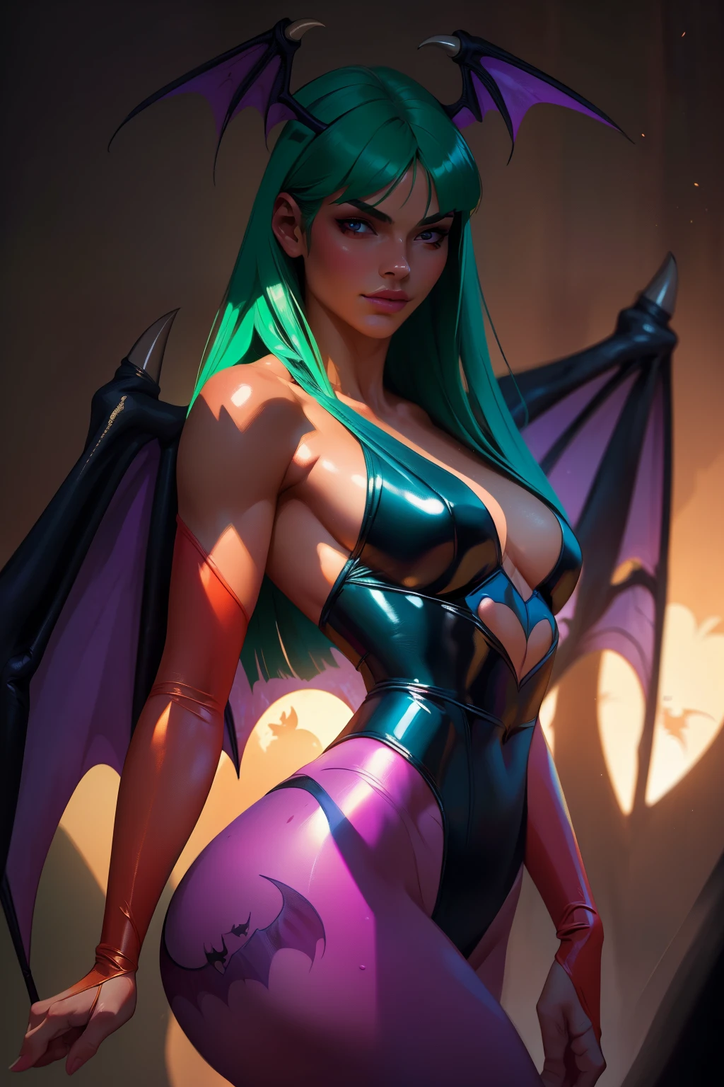 Realistic oil paint portrait of Morrigan Aensland, moonlight, hot Body, ((Dynamic sexy pose)), soft smile, long green hair black costume , (((Bat wings))) , Hot body, athletic, purple legs, detailed skin Textures, intricate, detailed face, hyperrealistic, realistic light and shadows . (((Poetic cinematic lighting background))).