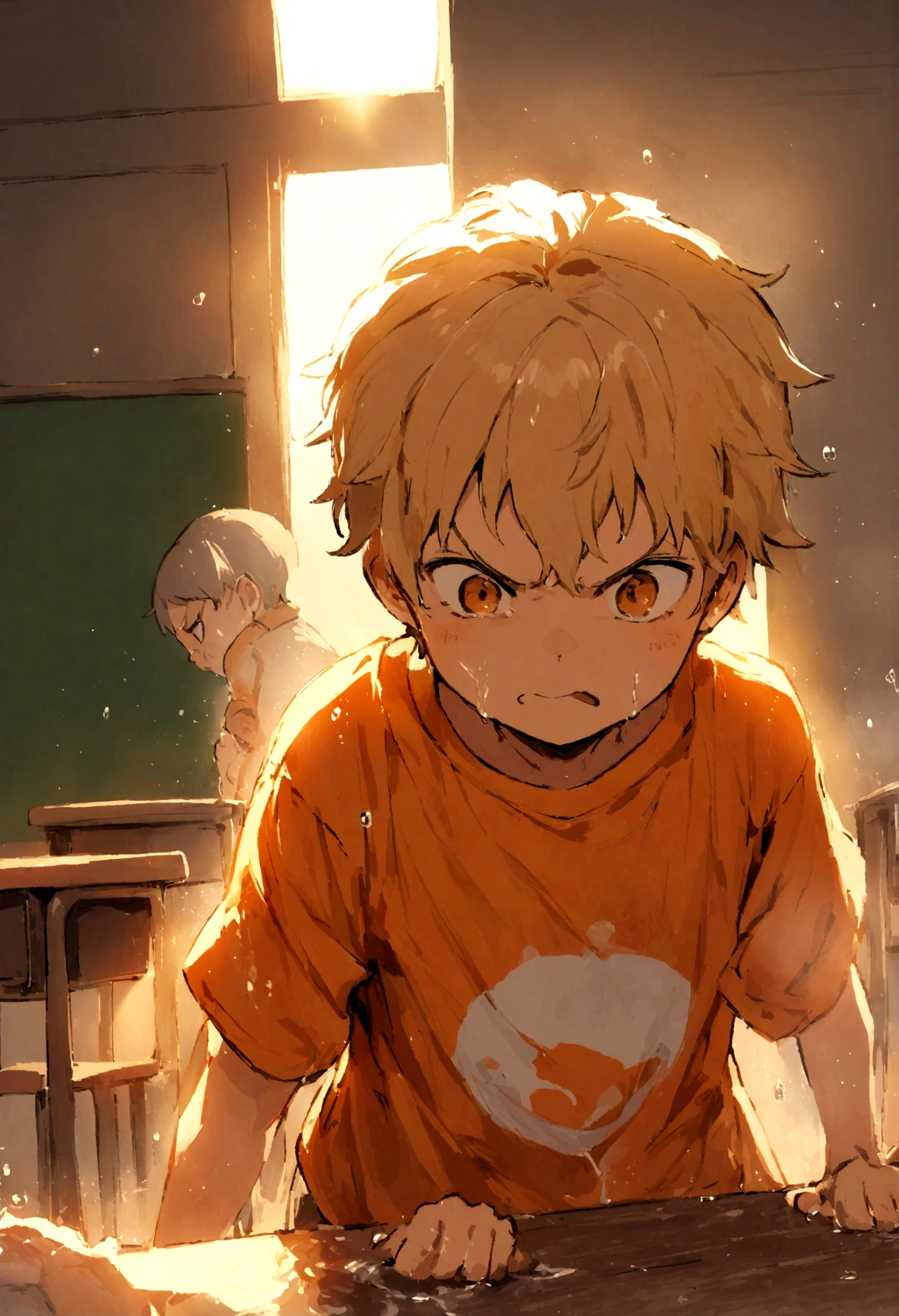 A cute 9-year-old boy named Alex Janny wearing an orange t-shirt in the classroom standing, water just was spilt on him, looking angry, ((cute))