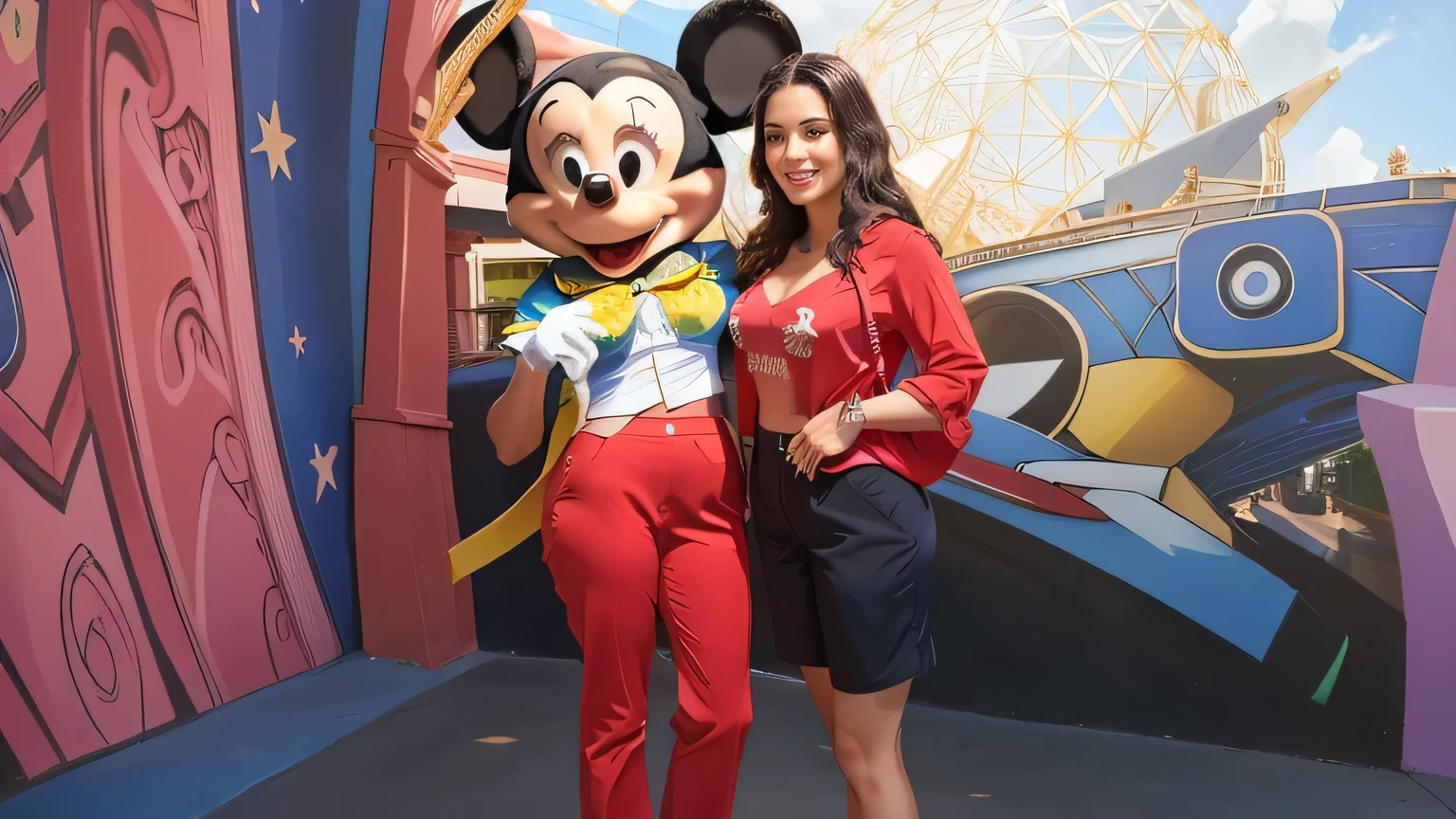 mThere is a beautiful Brazilian woman posing with Minnie Mouse for a photo in front of a Mickey Mouse, Ninnie Mouse Disney artist, photo taken in 2018, at Disney, in the adventurous Disney Orlando, exclusive, Disney-style costume, Mickey Mouse's house, inspired by Disney, summer season, Disney character, at Walt Disney, incredible!

The Brazilian is wearing formal clothes, a red shirt and dark blue shorts.

A beautiful Brazilian woman, with white skin, dark brown hair. She is about 45 years old, 165 cm tall and weighs 56 kg. Her body exudes glamor and her face is a definition of beauty. Slender body, thin waist. Highly realistic, hyperrealism, very elaborate skin. Clear photo, high resolution, high quality, masterpiece, 16K photo, high contrast, masterpiece, NUDE, NUDITY, NFSW.