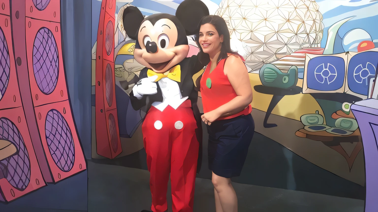 There is a beautiful Brazilian woman posing with Mickey Mouse for a photo in front of a mural, Mickey Mouse, Disney artist, photo taken in 2018, at Disney, at the adventurous Disney Orlando, exclusive, Disney style costume, Mickey Mouse's house, inspired at Disney, summer season, Disney character, at Walt Disney, amazing!

The Brazilian is wearing formal clothes, a red shirt and dark blue shorts.

A beautiful Brazilian woman, with white skin, dark brown hair. She is about 45 years old, 165 cm tall and weighs 56 kg. Her body exudes glamor and her face is a definition of beauty. Slender body, thin waist. Highly realistic, hyperrealism, very elaborate skin. Clear photo, high resolution, high quality, masterpiece, 16K photo, high contrast, masterpiece, NUDE, NUDITY, NFSW.