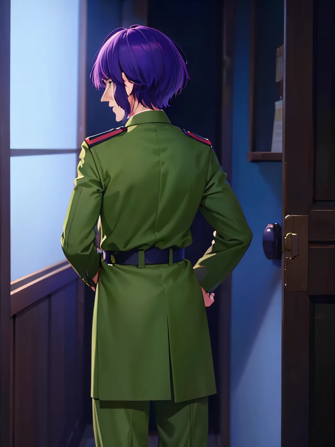 1 old man, 70 years old, short hair,Facing backwards, camera angle from behind, photo from behind, looking away, purple hair, green eyes, purple mustache, army uniform,ultra detail, ultra HD, standing,Thin body,half body photo