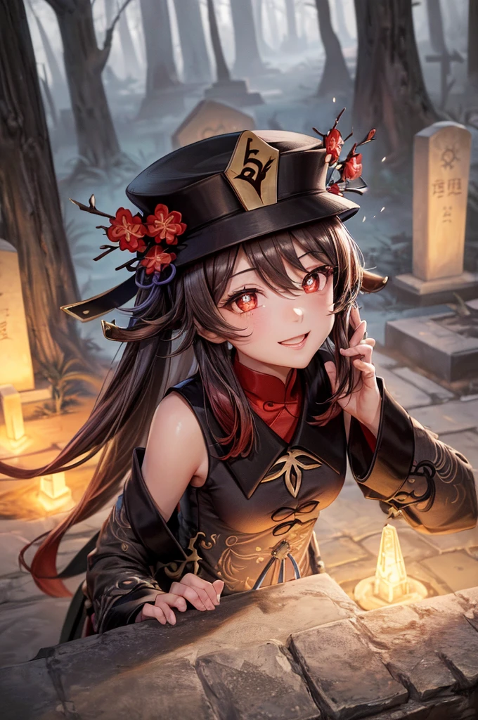 ((hutaodef)):1.5,((masterpiece,highest quality,Highly detailed images,Beautiful images、Realistic、Photorealistic、2.5D))((hutao images,A graveyard in a dark forest、Many gravestones、Fun pose、Bright natural light throughout、Backlight、A fantastic atmosphere、Dust flutters)),(Close-up image of hutao)、((small breasts))(smile)(Exposing shoulders、Separate sleeves)Deformed human soul
