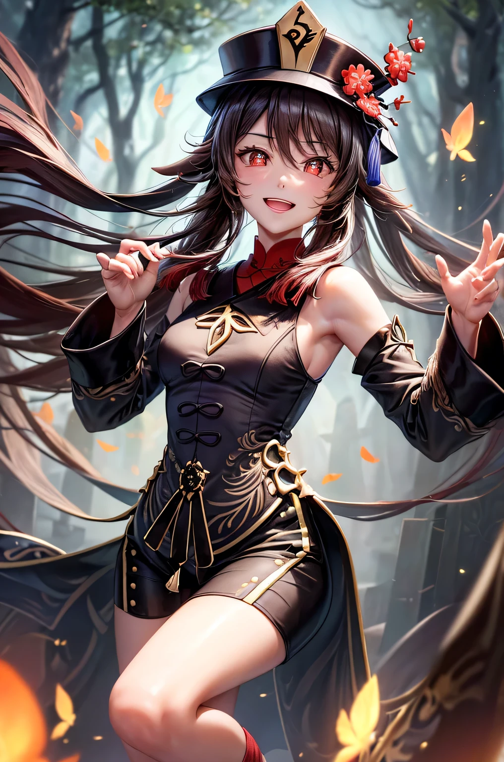 ((hutaodef)):1.5,((masterpiece,highest quality,Highly detailed images,Beautiful images、Realistic、Photorealistic、2.5D))((hutao images,A graveyard in a dark forest、Many gravestones、Fun pose、Bright natural light throughout、Backlight、A fantastic atmosphere、Dust flutters)),(Close-up image of hutao)、((small breasts))(smile)(Exposing shoulders、Separate sleeves)Deformed human soul