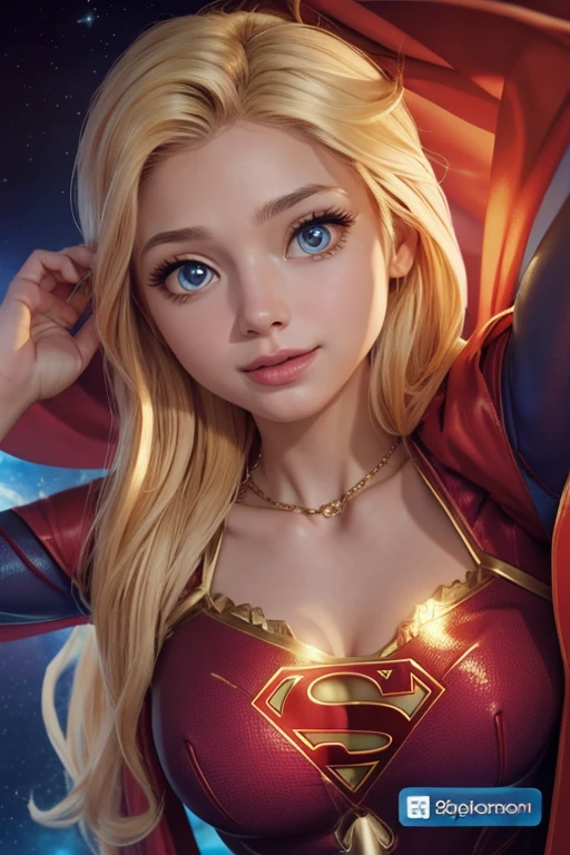 Supergirl in action pose, wearing gold necklace, blond hair, perfect costume, traditional blue suit, traditional red cape,smooth curves, beautiful face, space and planets in background 