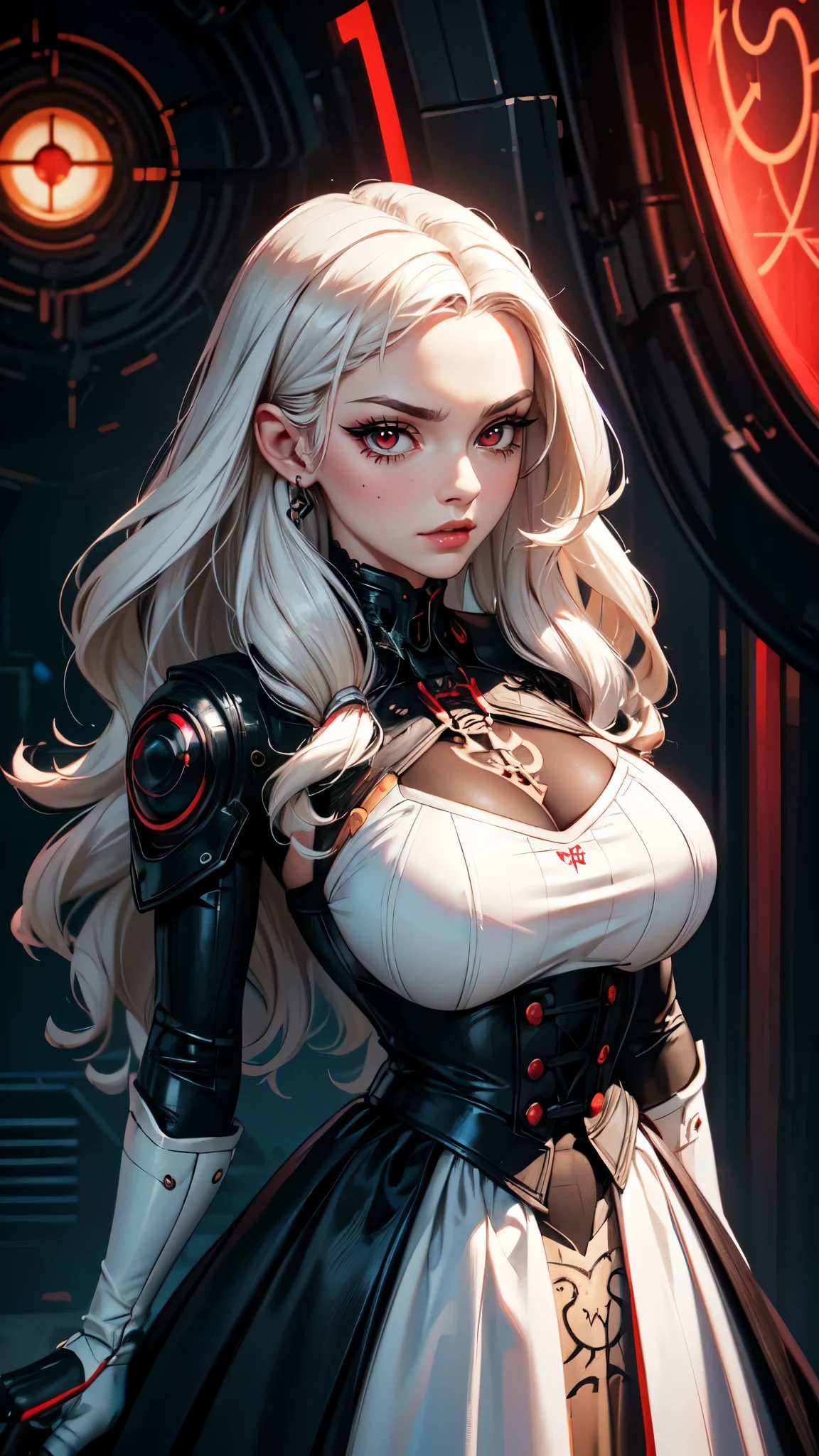 beautiful girl with wavy white hair, wearing a formal black dress with metal parts, red eyes, monograms in the background, digital painting, dark colors, 8k, complex details, vintage, retro futuristic style, sharp focus on the center, pastel colors, art station, (sci-fi, future, future theme), (facial expression looking with disdain), (detailed illustration), detailed yes, detailed hands, detailed face