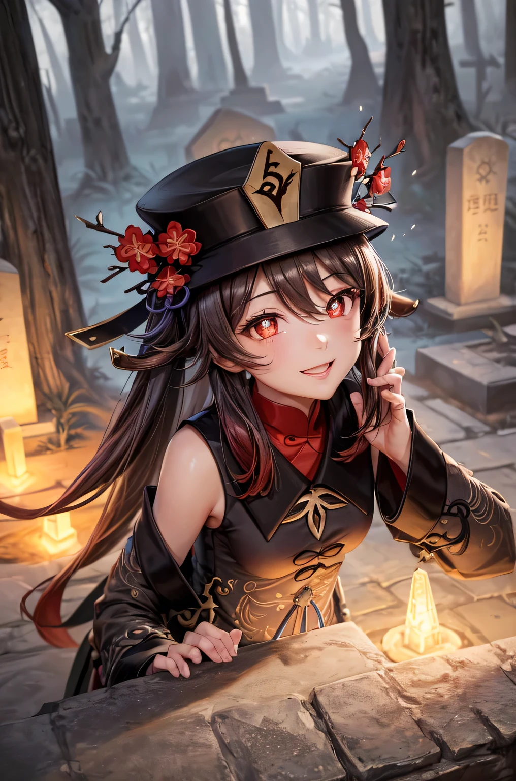 ((hutaodef)):1.5,((masterpiece,highest quality,Highly detailed images,Beautiful images、Realistic、Photorealistic、2.5D))((hutao images,A graveyard in a dark forest、Many gravestones、Fun pose、Bright natural light throughout、Backlight、A fantastic atmosphere、Dust flutters)),(Close-up image of hutao)、((small breasts))(smile)(Exposing shoulders、Separate sleeves)Deformed human soul
