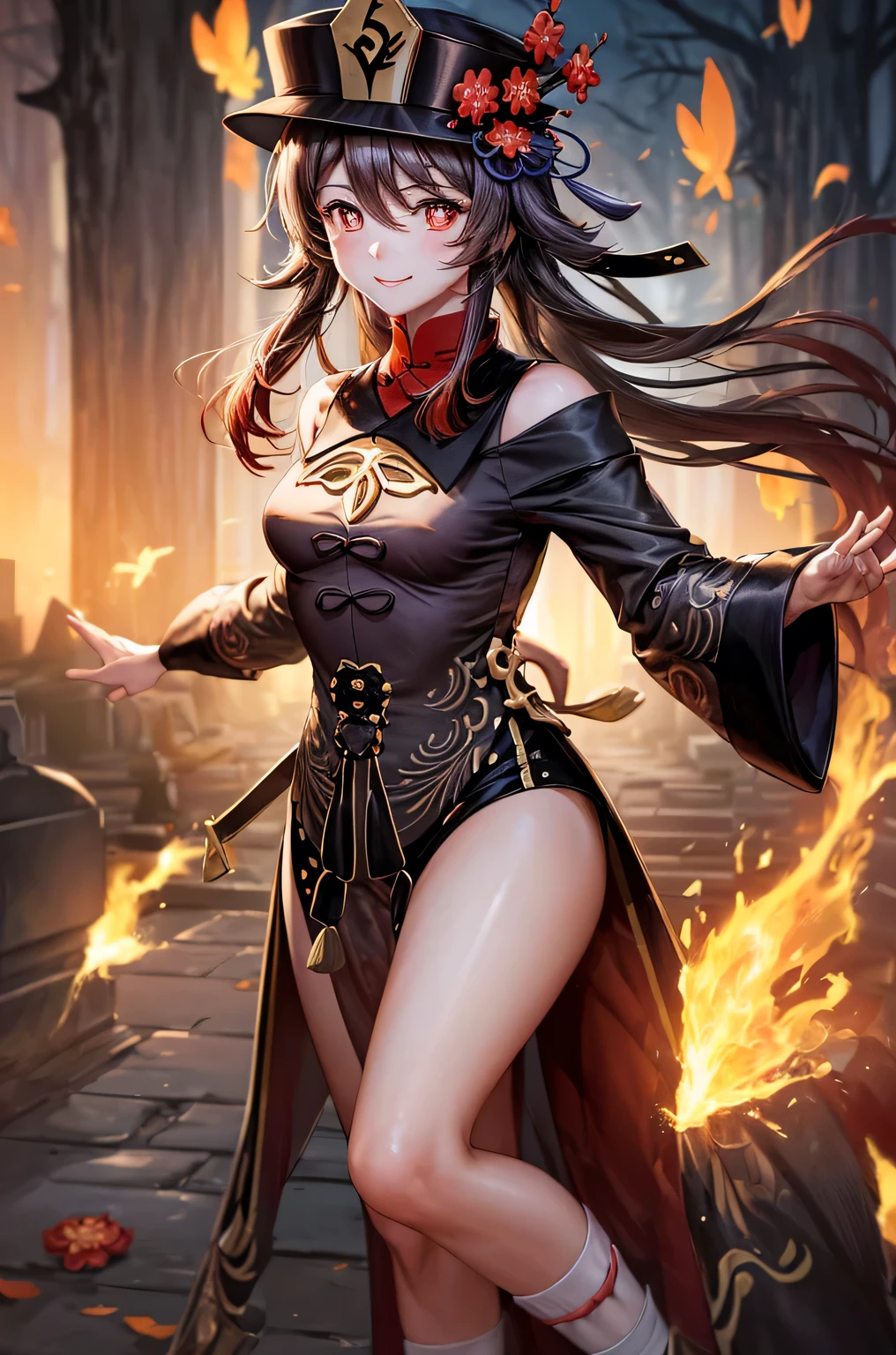 ((hutaodef)):1.5,((masterpiece,highest quality,Highly detailed images,Beautiful images、Realistic、Photorealistic、2.5D))((hutao images,A graveyard in a dark forest、Many gravestones、Fun pose、Bright natural light throughout、Backlight、A fantastic atmosphere、Dust flutters)),(Close-up image of hutao)、((small breasts))(smile)(Exposing shoulders、Separate sleeves)Deformed human soul