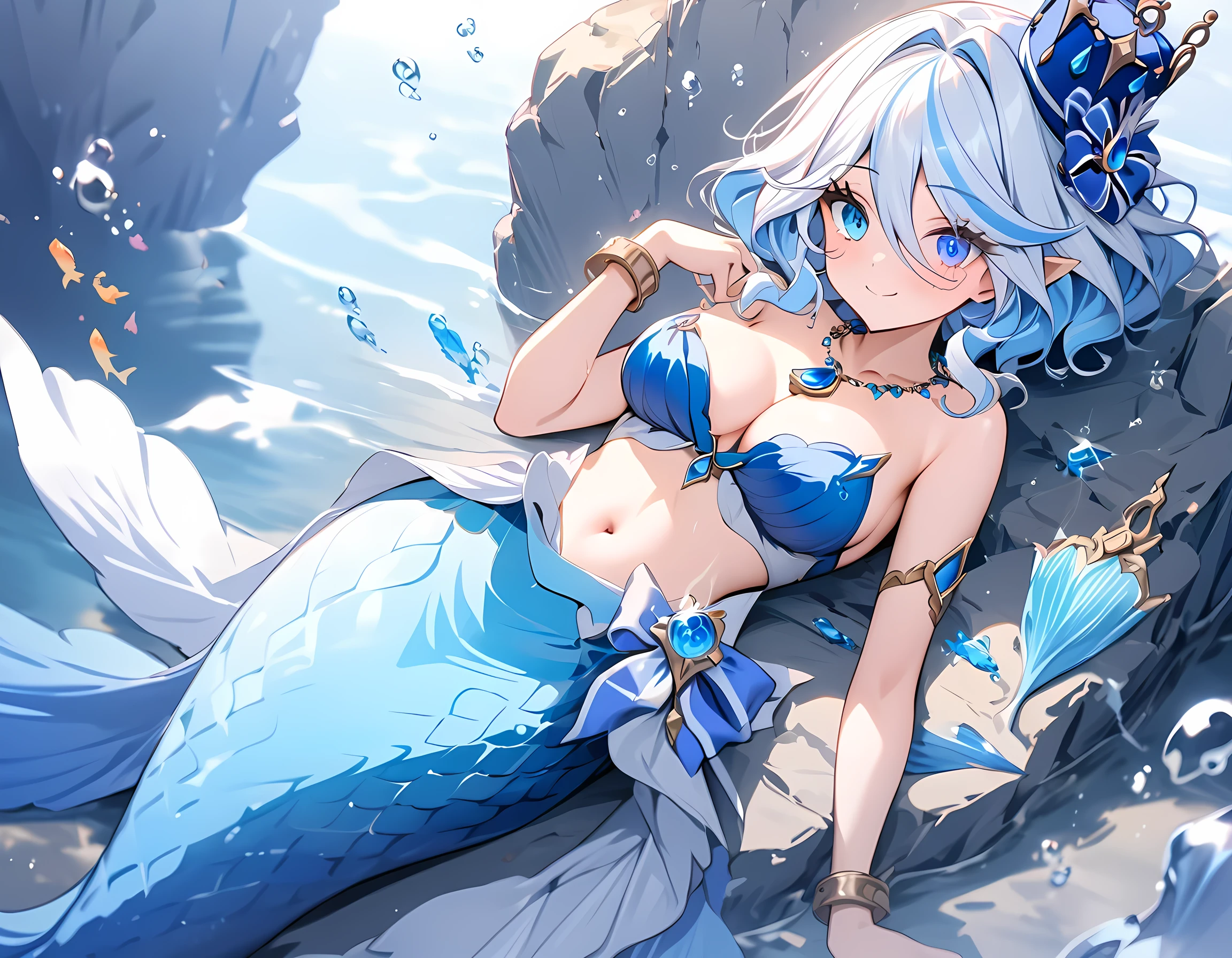 (masterpiece), best quality, expressive eyes, perfect face,1girl,score_9,score_8_up,score_7_up,furina,genshin impact,mermaid,(beautiful blue mermaid tail:1.4),big breasts,cleavage,bracelets,(scales),navel,cowboy shot,underwater,submerged city background,pointy ears,bare neck,bangles,((jewel necklace)),small blue crown,bare shoulders,(strapless shell bikini),smiles,lying on back