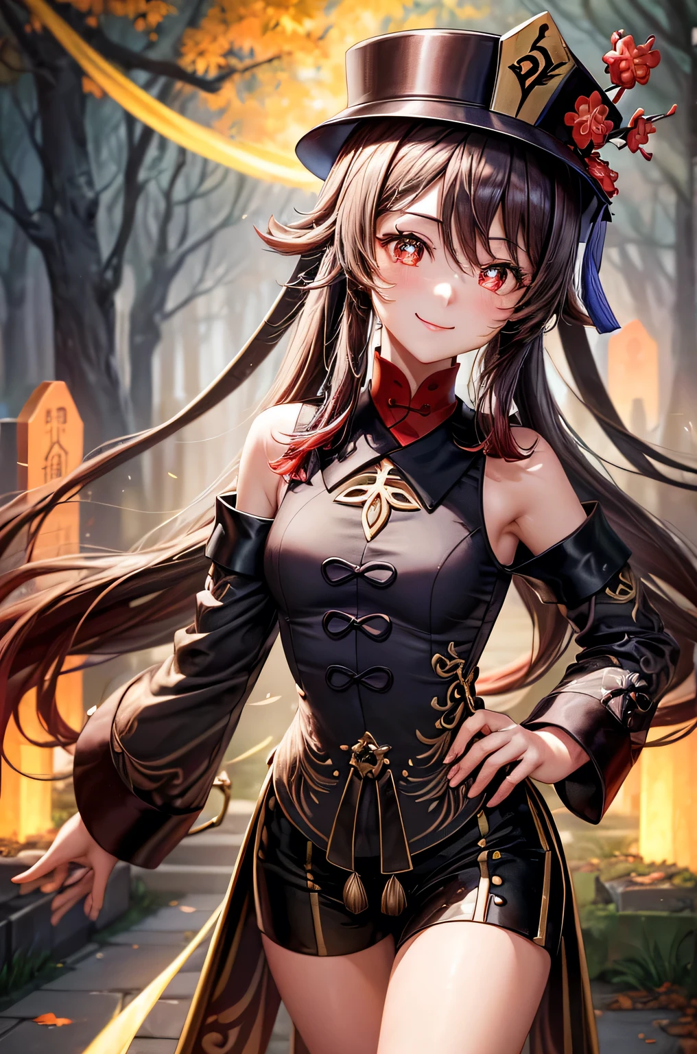 ((hutaodef)):1.5,((masterpiece,highest quality,Highly detailed images,Beautiful images、Realistic、Photorealistic、2.5D))((hutao images,A graveyard in a dark forest、Many gravestones、Fun pose、Bright natural light throughout、Backlight、A fantastic atmosphere、Dust flutters)),(Close-up image of hutao)、((small breasts))(smile)(Exposing shoulders、Separate sleeves)Deformed human soul