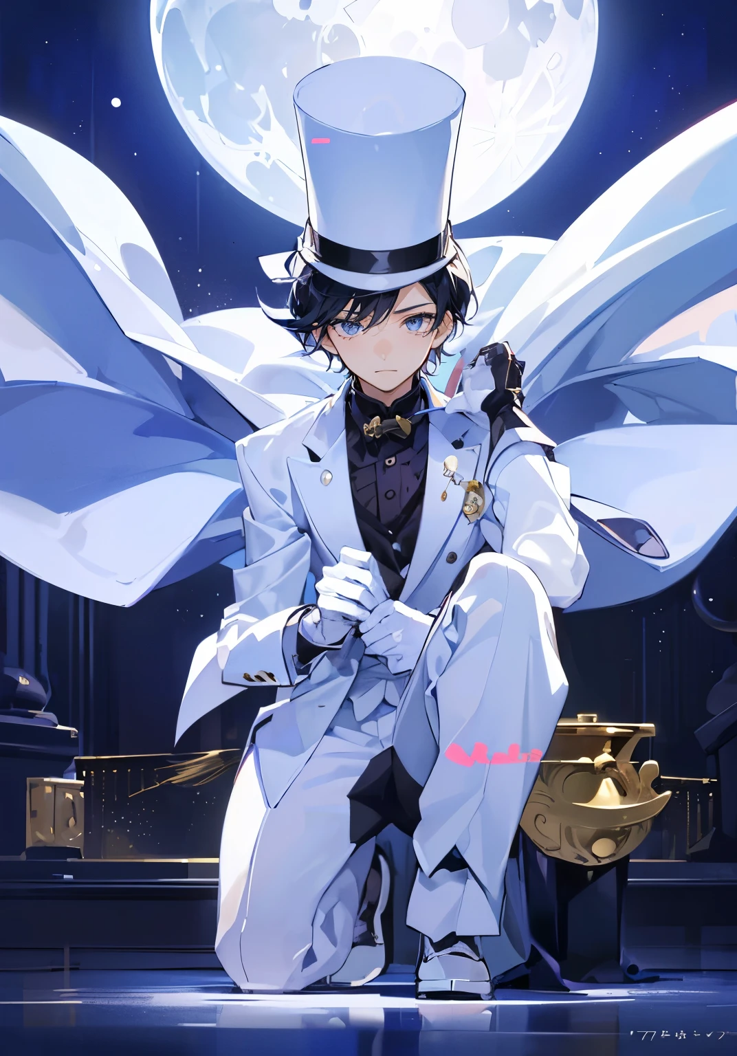 (Mastepiece), (Best Quality), Very detailed, ((17 year old boy:1.5)), Perfect Face, Beautiful Face, Very detailedな顔，Black Hair、Short Hair，Thief、White suit、White Top Hat、White gloves、Monocle、Trump、White Moon