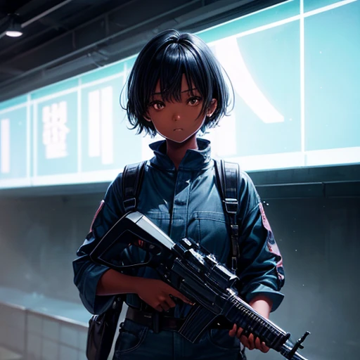 Hair cut short、Dark skinned tomboy girl, illustrated by aoiro studio and masaaki komori, Super detailed, Neon Light, Cinema Lighting, Matte Paint, Painted in oil painting style, Trending on Art Station, modern art, Surreal and dreamy atmosphere.With a revolver(Single Army)