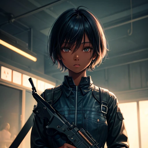 Hair cut short、Dark skinned tomboy girl, illustrated by aoiro studio and masaaki komori, Super detailed, Neon Light, Cinema Lighting, Matte Paint, Painted in oil painting style, Trending on Art Station, modern art, Surreal and dreamy atmosphere.With a revolver(Single Army)