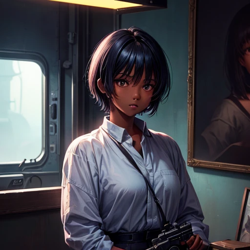 Hair cut short、Dark skinned tomboy girl, illustrated by aoiro studio and masaaki komori, Super detailed, Neon Light, Cinema Lighting, Matte Paint, Painted in oil painting style, Trending on Art Station, modern art, Surreal and dreamy atmosphere.With a revolver(Single Army)