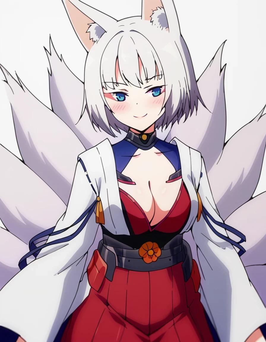 Kaga, blushing, smiling, closed mouth, red bra, red skirt, cowboy shot, white background