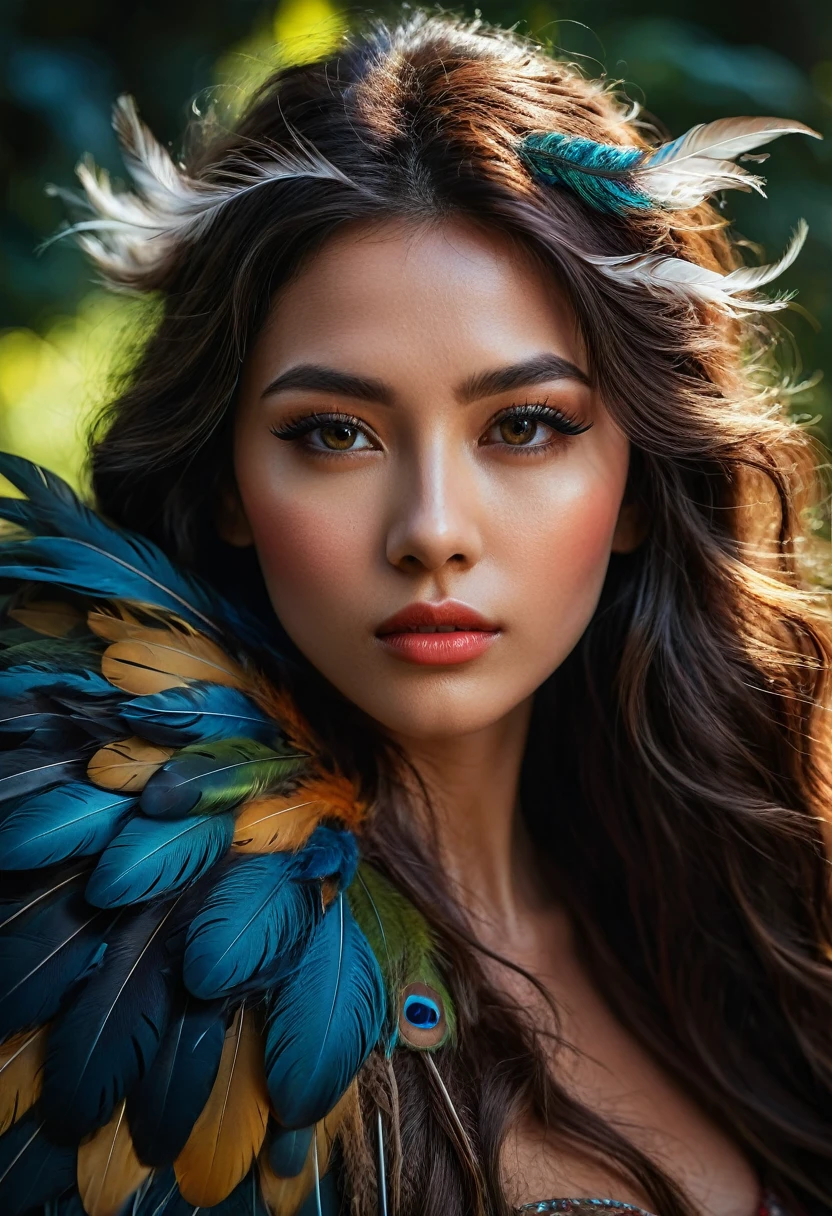 Close-Up of Face, a close-up portrait of a character, extremely detailed and realistic face, long flowing detailed hair, feathers, short fur, grassy background, epic dramatic lighting, photorealistic, 8k, masterpiece, (best quality,4k,8k,highres,masterpiece:1.2),ultra-detailed,(realistic,photorealistic,photo-realistic:1.37),detailed eyes, detailed lips, extremely detailed face, long eyelashes, beautiful detailed features, intricate textures, vivid colors, cinematic lighting, dramatic atmosphere, highly detailed environment, lush organic details