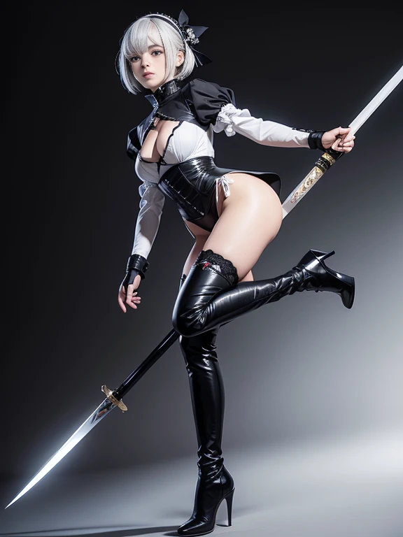 8K,Masterpiece,One woman,(Combat pose),Holding a naginata,Smile,30 years old,blue eyes,White Hair,Short Bob Hair,(Gothic Lolita),Dutch beauty,Ella Freya（Ella Freya),(White panties),2b, short hair, Knee socks, gloves, Long sleeve, dress, Slender figure, Cleavage, Small breasts, Gray Hair, hair band, boots, Puffy sleeves, black Knee socks, Black footwear, Mole, black dress, High heels, leotard, Clothing cutouts, thigh boots, Cleavage cutout, black hair band, Juliet Sleeve, high heel boots,Dynamic Angle,Panty Shot