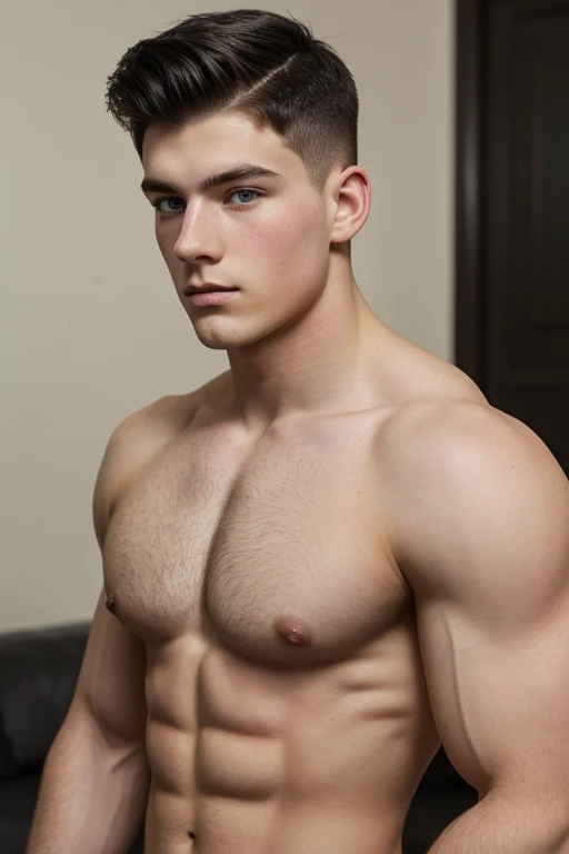 Young white man,  , black hair, military haircut, fixed green eyes, sharp features, no facial or body hair, height 1.93, weight 100 kg, muscular aesthetic build , broad shoulders, wide back,V-shaped body, perfil entire view,  