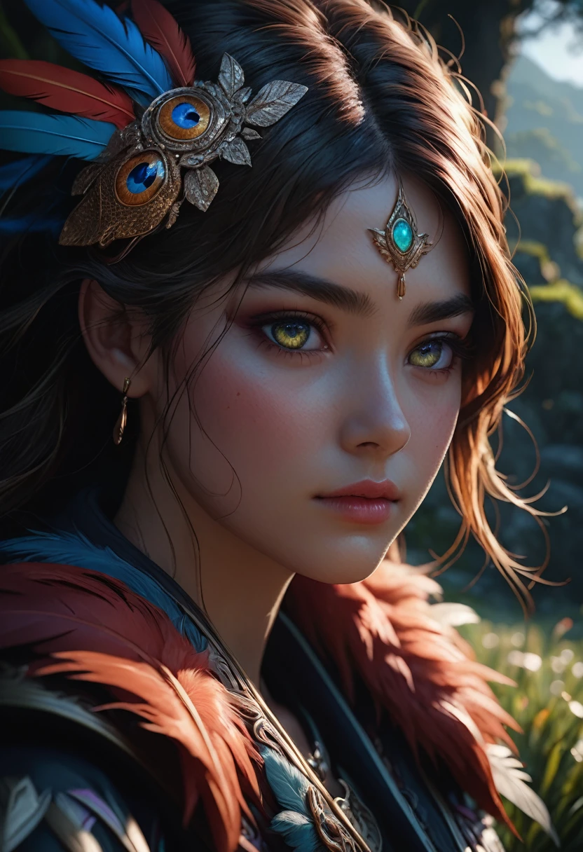Close-Up of Face, a close-up portrait of a character, extremely detailed and realistic face, long flowing detailed hair, feathers, short fur, grassy background, epic dramatic lighting, photorealistic, 8k, masterpiece, (best quality,4k,8k,highres,masterpiece:1.2),ultra-detailed,(realistic,photorealistic,photo-realistic:1.37),detailed eyes, detailed lips, extremely detailed face, long eyelashes, beautiful detailed features, intricate textures, vivid colors, cinematic lighting, dramatic atmosphere, highly detailed environment, lush organic details