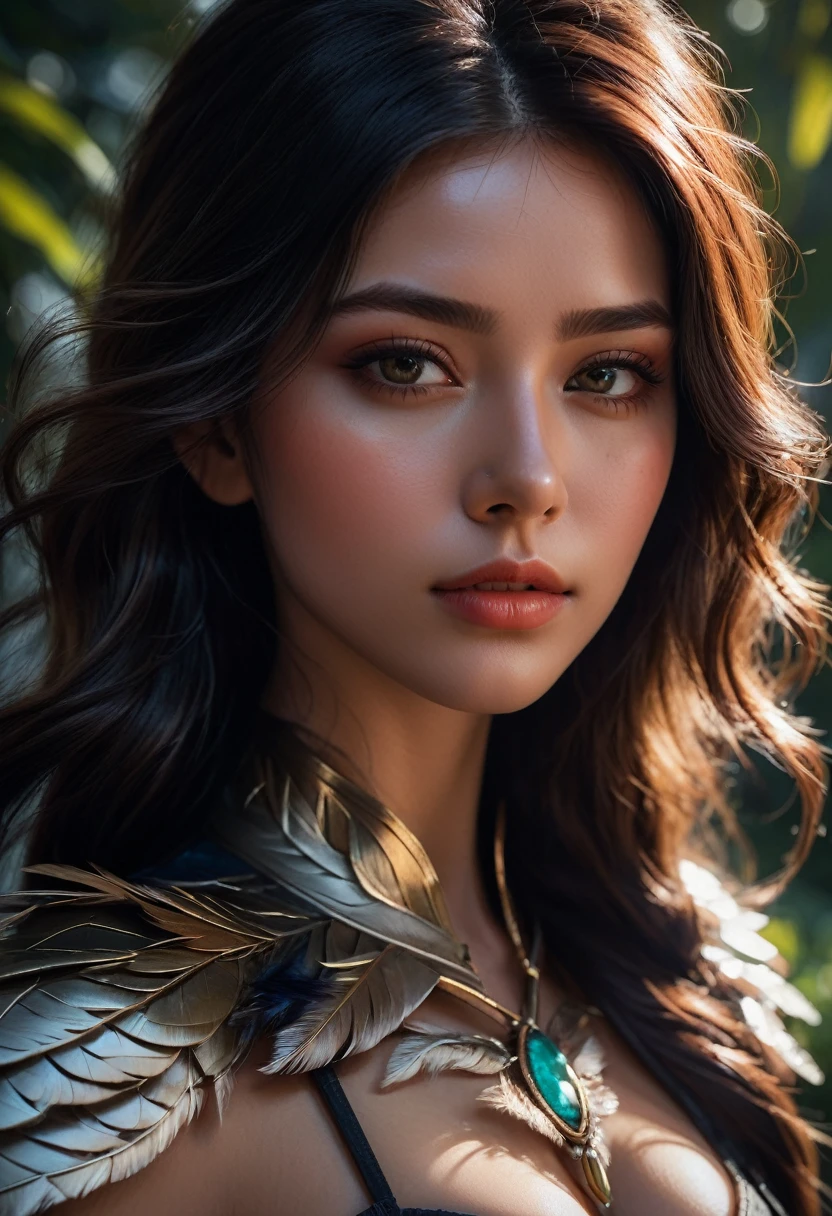 Close-Up of Face, a close-up portrait of a character, extremely detailed and realistic face, long flowing detailed hair, feathers, short fur, grassy background, epic dramatic lighting, photorealistic, 8k, masterpiece, (best quality,4k,8k,highres,masterpiece:1.2),ultra-detailed,(realistic,photorealistic,photo-realistic:1.37),detailed eyes, detailed lips, extremely detailed face, long eyelashes, beautiful detailed features, intricate textures, vivid colors, cinematic lighting, dramatic atmosphere, highly detailed environment, lush organic details