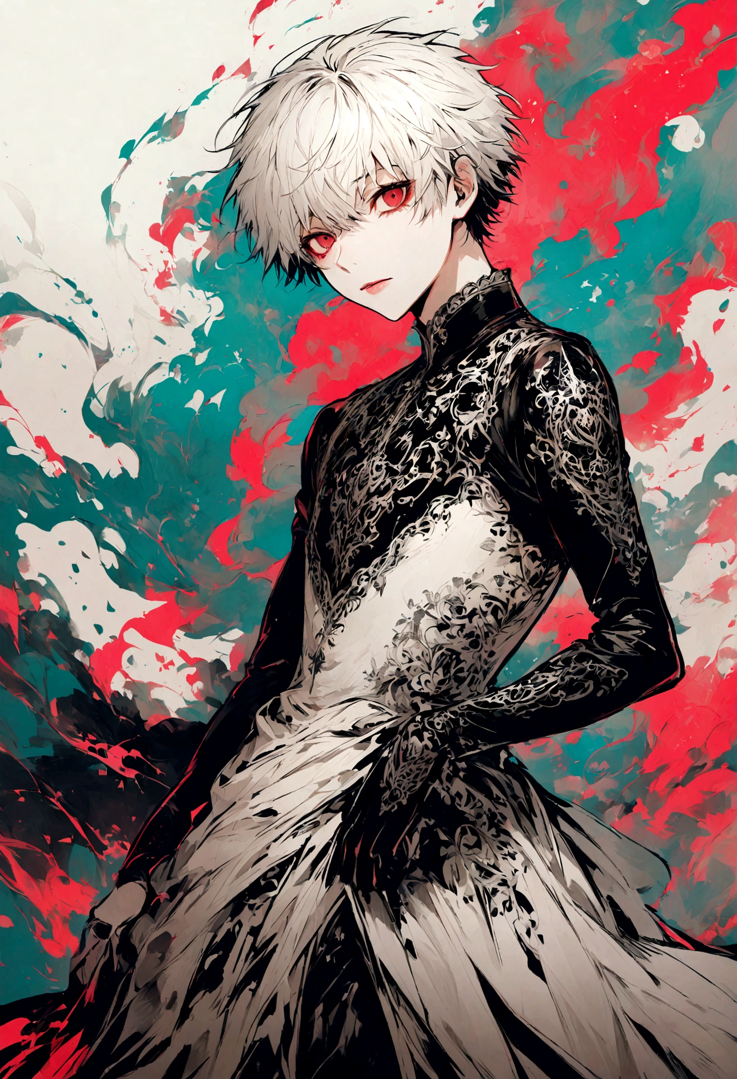 1 male,Kaneki,Tokyo Ghoul,,Sui Ishida's painting style,Intricate details,Detailed depiction of hair,Use black and white as your main colors,Decadent,artwork