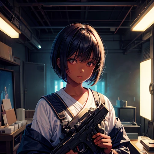 Hair cut short、Dark skinned tomboy girl, illustrated by aoiro studio and masaaki komori, Super detailed, Neon Light, Cinema Lighting, Matte Paint, Painted in oil painting style, Trending on Art Station, modern art, Surreal and dreamy atmosphere.holding a revolver(Single Army)