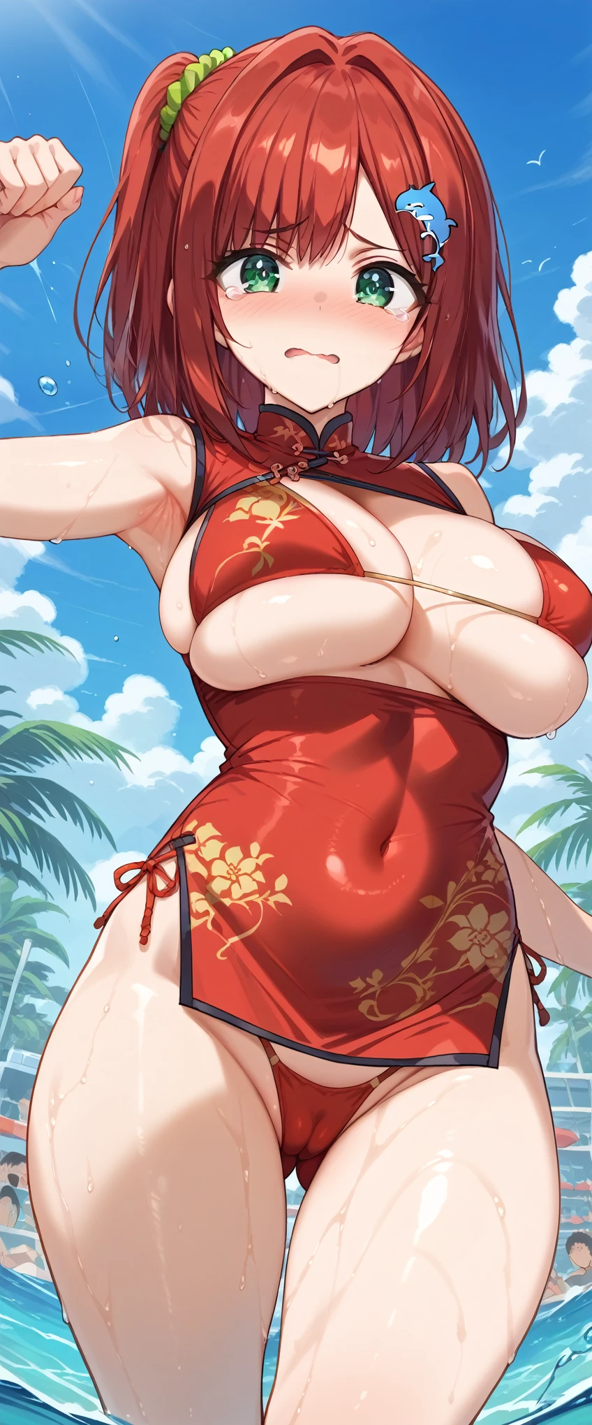 score_9, score_8_up, score_7_up, source_anime, sakimiya iruka, red hair, (green eyes, one side up), medium hair, green scrunchie, hair ornament, shiny skin, rating_explicit, large breasts, large ass, cheongsam, micro bikini, embarrassed, (tearful:1.2), wet clothes, cameltoe, dynamic pose,