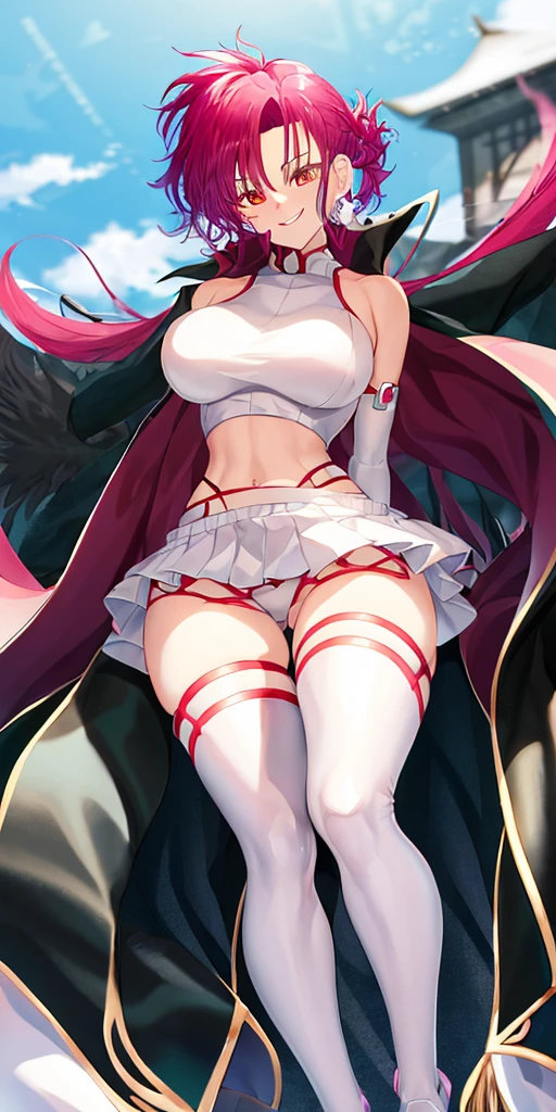 (((1 girl))) short hair, earings ,glossy lips ,team rocket uniform, red letter R, white skirt, white crop top, black thigh-high boots, black elbow gloves, evil smile, looking at viewer, cowboy shot, arms crossed, full body photo Mercedes von Martritz (Fire Emblem: Three Houses)