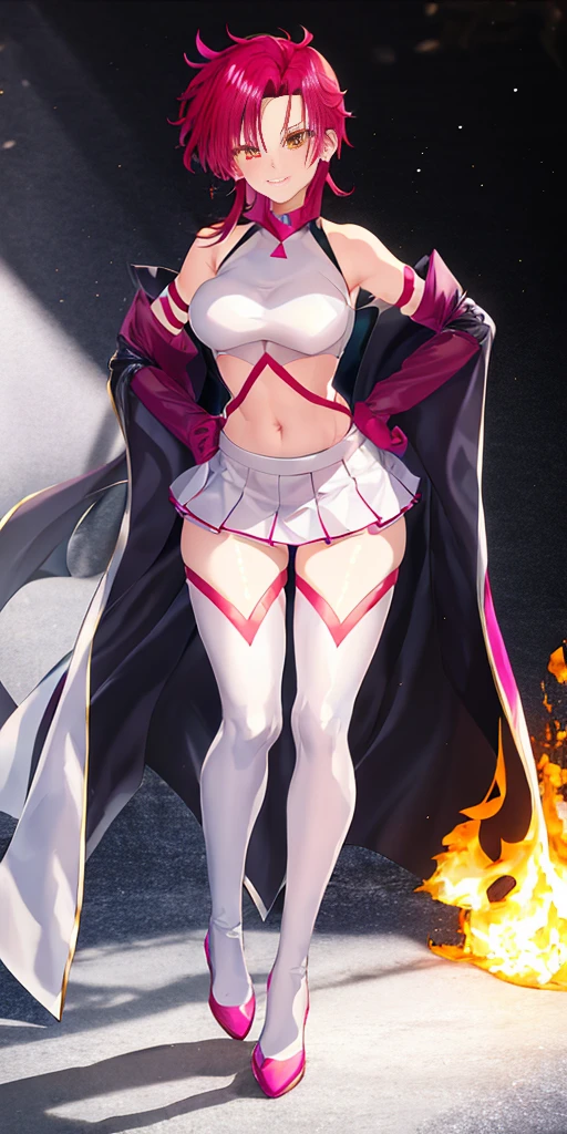 (((1 girl))) short hair, earings ,glossy lips ,team rocket uniform, red letter R, white skirt, white crop top, black thigh-high boots, black elbow gloves, evil smile, looking at viewer, cowboy shot, arms crossed, full body photo Mercedes von Martritz (Fire Emblem: Three Houses)