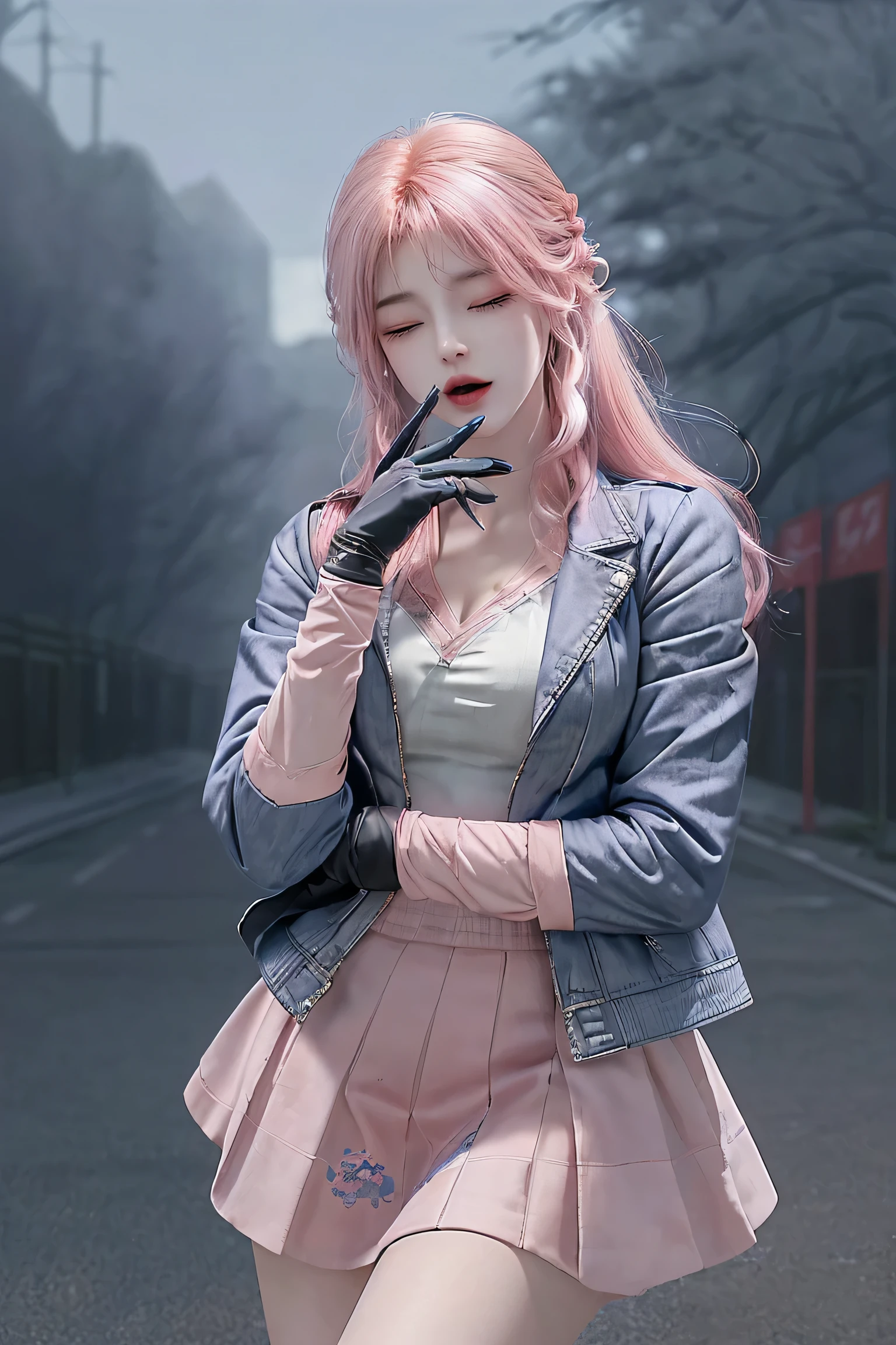 ultra-detailed,(best quality),((masterpiece)),(highres),original,extremely,sanyueqi, 1girl, smile, solo, pink hair, open mouth, camera, one eye closed, bangs, shirt, skirt, holding, white shirt, long sleeves, gloves, black gloves, long hair, looking at viewer, single glove, blue skirt, holding camera, pink eyes, :d, jacket, fingerless gloves, hair between eyes, outdoors, teeth, blue jacket, breasts, ;d