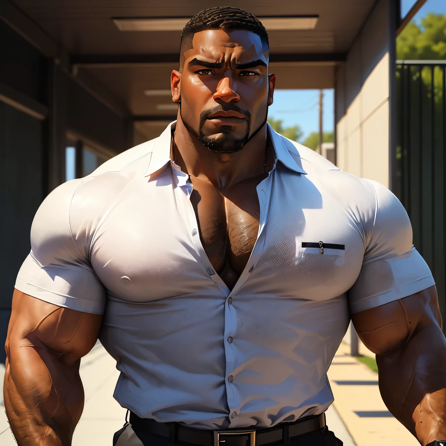 an exaggeratedly muscular and large bodyguard, beefy build, beard, dark-skinned african american male, buzzcut hair with square line, (worried expression: 1.2), (wearing business shirt: 1.2), wearing black underwear, (bara pecs: 1.3), beefy pecs, (arm and chest hair: 1.2), portrait HD, (outdoor track field)