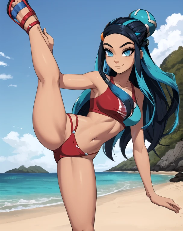 masterpiece, best quality, highly detailed, (Detailed face:1.2), (Detailed eyes:1.2), 1girl, solo, (nessa_pokemon:1.3), dark-skinned female, dark skin, blue eyes, aqua eyes, long hair, black hair, blue hair, aqua hair, multicolored hair, two-tone hair, hair bun, single hair bun, eyeshadow, slim feminine figure, arrogant smile, medium breasts, red bikini, sandals, , Hand lifting one leg, Detailed legs, flexible, (Standing on one leg:1.2), (standing split:1.3), Hand lifting one leg, stretching, posing, cowboy shot, cinematic composition, (Background: outdoors, day time, beach resort)