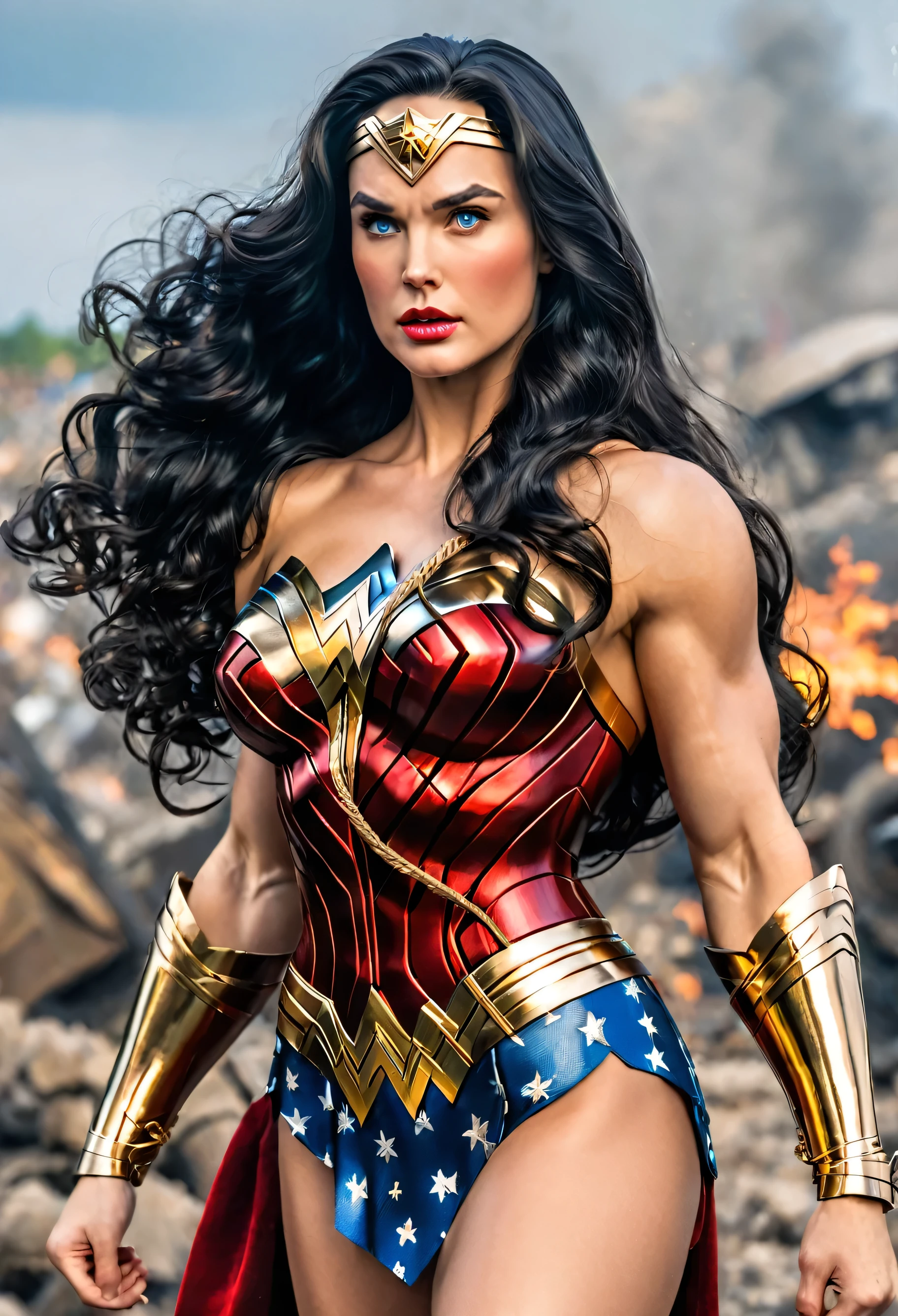 GORGEOUS WONDER WOMAN (DC COMICS), STRONG CURVY ATHLETIC BODY, MUSCLES, RED BLUE COSTUME, GOLD DETAILS, EXPOSED GORGEOUS THIGHS, RED FLAT BOOTS, GOLD GAUNTLETS, GOLD TIARA, HUGE LONG BLACK HAIR, EXPRESSIVE BLUE EYES, HIGH CHEEKBONE, ROSY CHEEKS, STRAPLESS BODYSUIT, FULL BODY PERSPECTIVE, WAR CENARY, MASTERPIECE