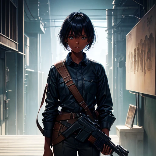 Hair cut short、Dark skinned tomboy girl, illustrated by aoiro studio and masaaki komori, Super detailed, Neon Light, Cinema Lighting, Matte Paint, Painted in oil painting style, Trending on Art Station, modern art, Surreal and dreamy atmosphere.Holding a gun like in a Western movie(Single Army)