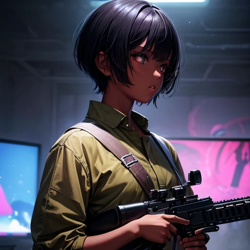 Hair cut short、Dark skinned tomboy girl, illustrated by aoiro studio and masaaki komori, Super detailed, Neon Light, Cinema Lighting, Matte Paint, Painted in oil painting style, Trending on Art Station, modern art, Surreal and dreamy atmosphere.Holding a gun like in a Western movie(Single Army)
