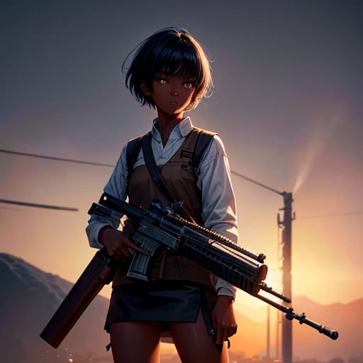 Hair cut short、Dark skinned tomboy girl, illustrated by aoiro studio and masaaki komori, Super detailed, Neon Light, Cinema Lighting, Matte Paint, Painted in oil painting style, Trending on Art Station, modern art, Surreal and dreamy atmosphere.Holding a gun like in a Western movie(Single Army)