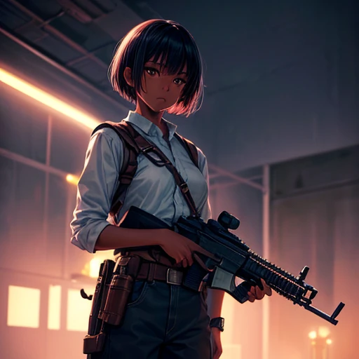 Hair cut short、Dark skinned tomboy girl, illustrated by aoiro studio and masaaki komori, Super detailed, Neon Light, Cinema Lighting, Matte Paint, Painted in oil painting style, Trending on Art Station, modern art, Surreal and dreamy atmosphere.Holding a gun like in a Western movie(Single Army)