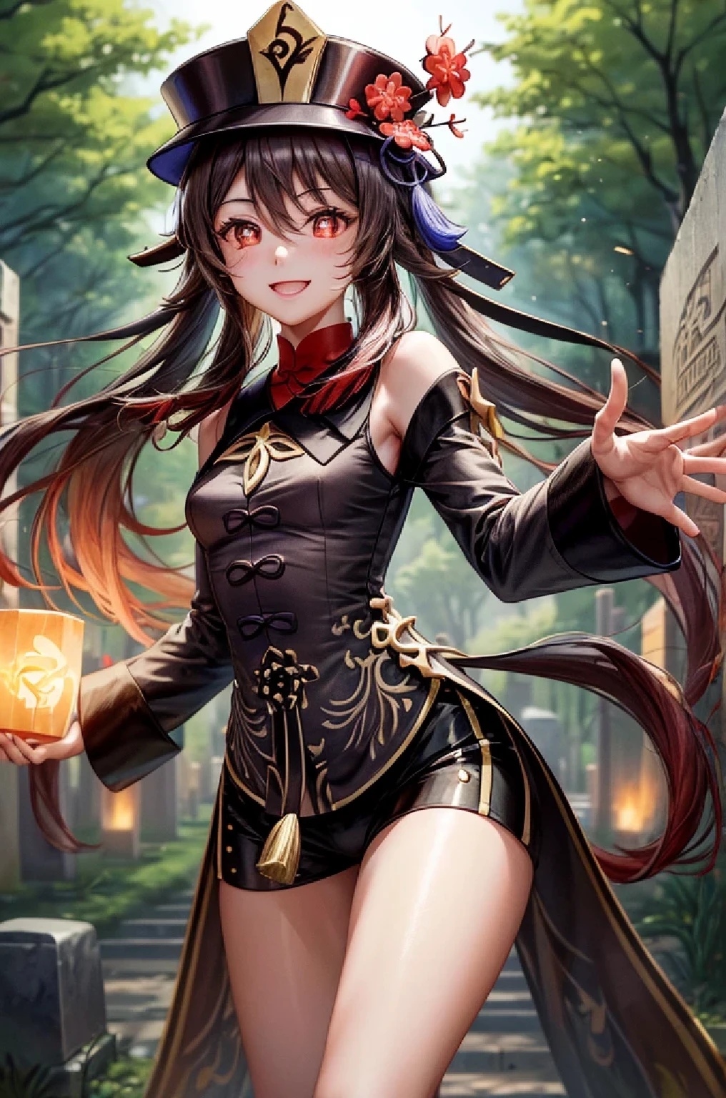 ((hutaodef)):1.5,((masterpiece,highest quality,Highly detailed images,Beautiful images、Realistic、Photorealistic、2.5D))((hutao images,A graveyard in a dark forest、Many gravestones、Fun pose、Bright natural light throughout、Backlight、A fantastic atmosphere、Dust flutters)),(Close-up image of hutao)、((small breasts))(smile)(Exposing shoulders、Separate sleeves)Deformed human soul

