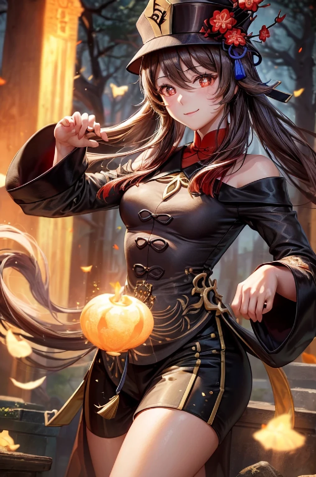 ((hutaodef)):1.5,((masterpiece,highest quality,Highly detailed images,Beautiful images、Realistic、Photorealistic、2.5D))((hutao images,A graveyard in a dark forest、Many gravestones、Fun pose、Bright natural light throughout、Backlight、A fantastic atmosphere、Dust flutters)),(Close-up image of hutao)、((small breasts))(smile)(Exposing shoulders、Separate sleeves)Deformed human soul