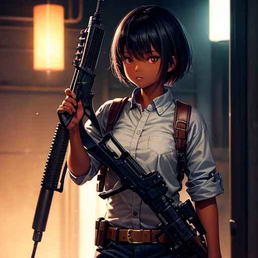 Hair cut short、Dark skinned tomboy girl, illustrated by aoiro studio and masaaki komori, Super detailed, Neon Light, Cinema Lighting, Matte Paint, Painted in oil painting style, Trending on Art Station, modern art, Surreal and dreamy atmosphere.1 with a gun like in a Western.5(Single Army)