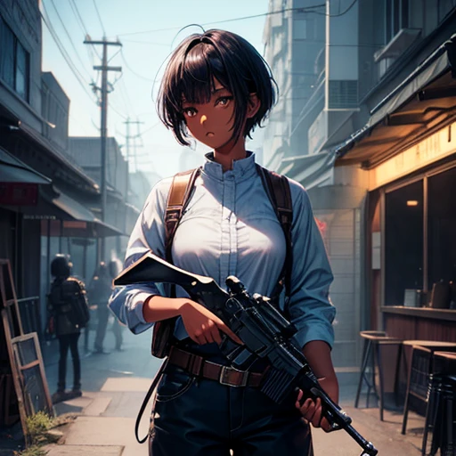 Hair cut short、Dark skinned tomboy girl, illustrated by aoiro studio and masaaki komori, Super detailed, Neon Light, Cinema Lighting, Matte Paint, Painted in oil painting style, Trending on Art Station, modern art, Surreal and dreamy atmosphere.1 with a gun like in a Western.5(Single Army)