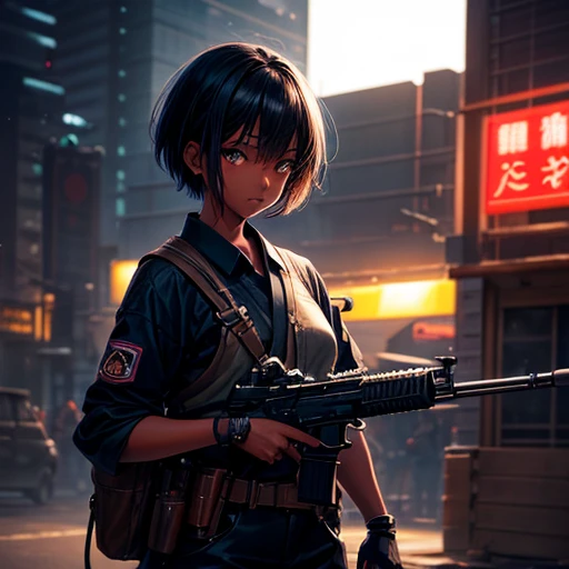 Hair cut short、Dark skinned tomboy girl, illustrated by aoiro studio and masaaki komori, Super detailed, Neon Light, Cinema Lighting, Matte Paint, Painted in oil painting style, Trending on Art Station, modern art, Surreal and dreamy atmosphere.1 with a gun like in a Western.5(Single Army)