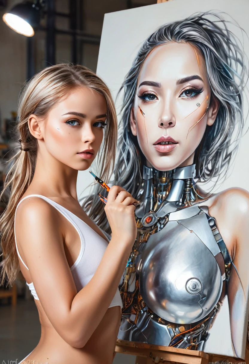 A cyborg girl stands in the center of a large bright studio and is engaged in creating her self-portrait on canvas. She is depicted in all her majestic beauty and elegance. Her metallic skin reflects the light, creating a play of hues and highlights like an expensive piece of jewelry.
Her long metal hair frames her face, giving her a mysterious and alluring look. Her bright eyes, in which light shimmers, stare straight ahead with confidence and the strain of creative inspiration.
The cyborg girl is depicted in a graceful pose, showing off her grace and strength as well as the fine workings of her mechanical limbs. Her hands hold brushes and are immersed in the creative process of creating a stunning work of art.
The outline of the self-portrait she is creating with oil paints is already outlined on the canvas. The drawing begins to come to life under her dexterous fingers, gaining depth and volume, and the coating of color fills the canvas with bright hues and rich colors.
This entire moment is captured in a gorgeous and amazing scenario that combines the beauty of art, power and technological advancement to make the cyborg girl a unique and inspiring image.