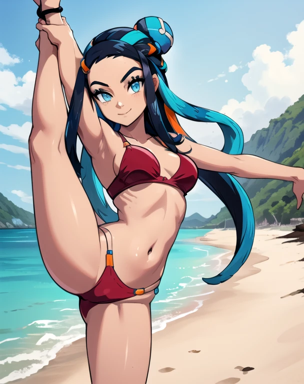 masterpiece, best quality, highly detailed, (Detailed face:1.2), (Detailed eyes:1.2), 1girl, solo, (nessa_pokemon:1.3), dark-skinned female, dark skin, blue eyes, aqua eyes, long hair, black hair, blue hair, aqua hair, multicolored hair, two-tone hair, hair bun, single hair bun, eyeshadow, slim feminine figure, arrogant smile, medium breasts, red bikini, sandals, , Hand lifting one leg, Detailed legs, flexible, (Standing on one leg:1.2), (standing split:1.3), Hand lifting one leg, stretching, posing, cowboy shot, cinematic composition, (Background: outdoors, day time, beach resort)