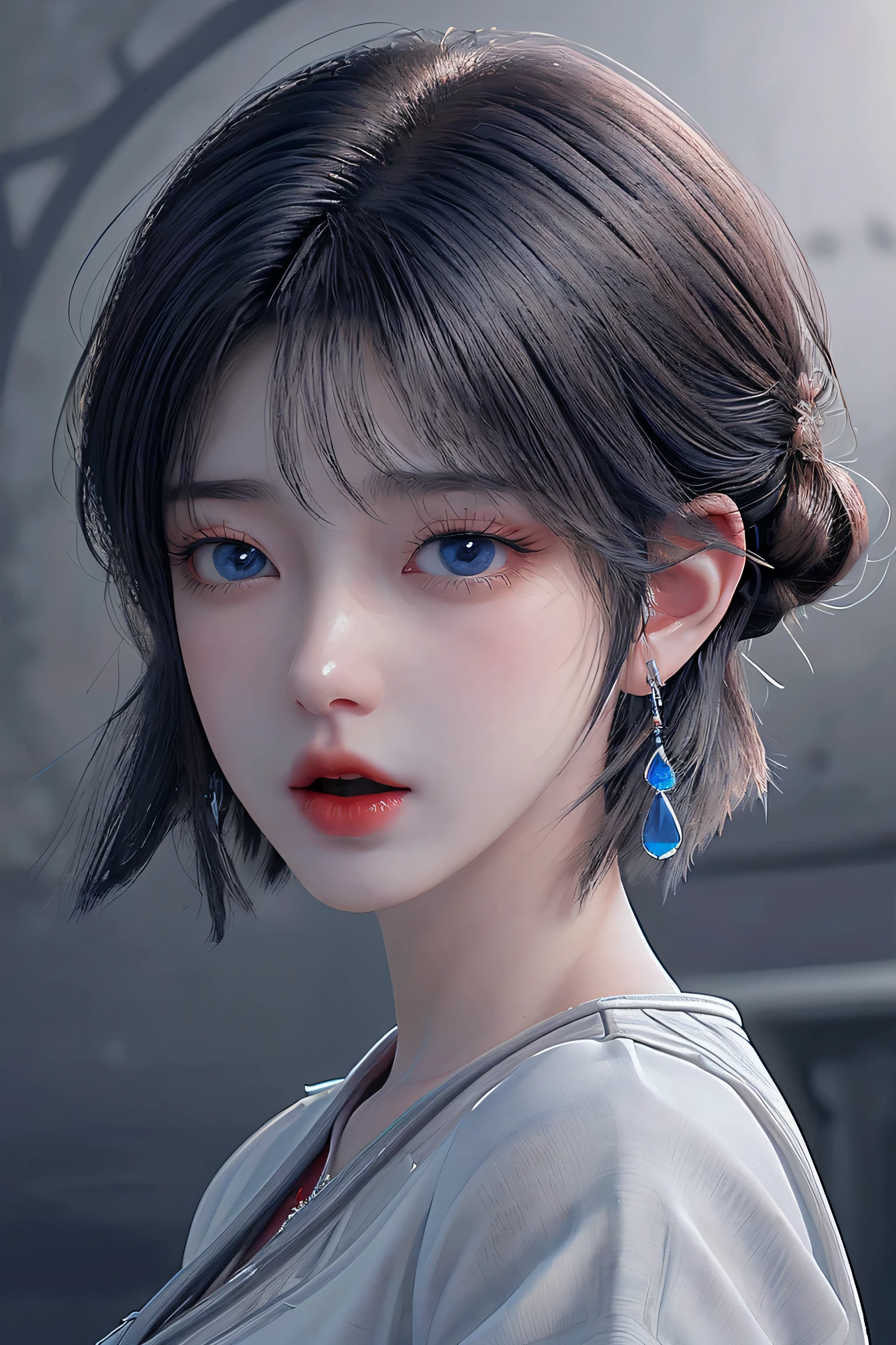 (masterpiece),(best quality),(ultra-detailed),(best illustration),(best shadow),(absurdres),(detailed background),(very aesthetic), asahi serizawa, 1girl, blue eyes, solo, open mouth, jewelry, short hair, earrings, blurry, grey hair, bangs, portrait, 