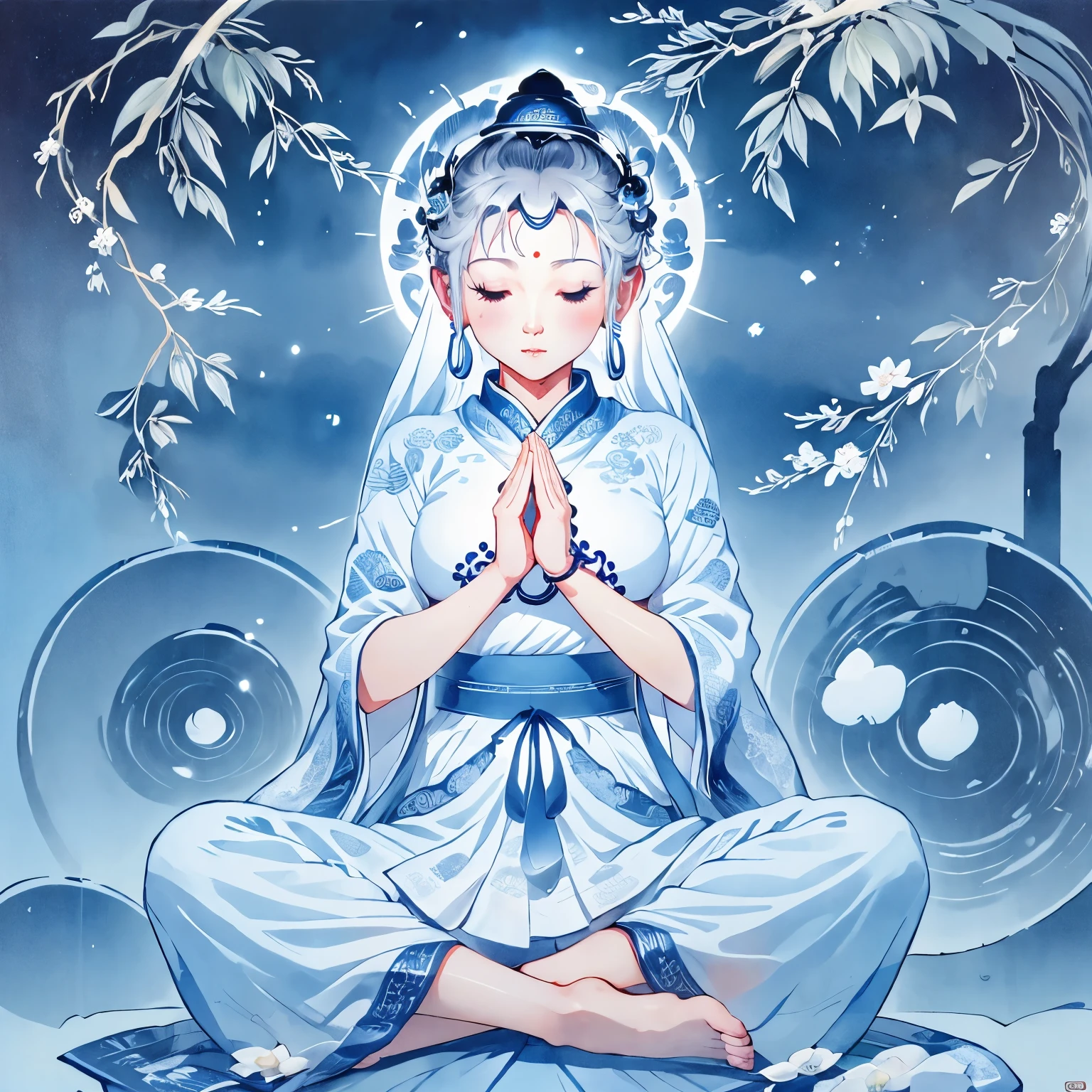 (1 female Bodhisattva:1.4) sitting on Round straw mat, (Indian style:1.3), sit on straw mat, (Round straw mat:1.3), (Meditation Postures:1.3), (Raise your hand, Cross your hands, prayer pose:1.3), Dignified and beautiful, Wear (white silk Buddha clothes:1.3), (white silk:1.3),have (white hair:1.2), (OK:1.2), French Braid,white transparent veil, , Close your eyes, Jewelry, necklace, (Buddhist beads:1.2), (White cloth shoes), White socks, (comics:1.2), (goddess:1.2)